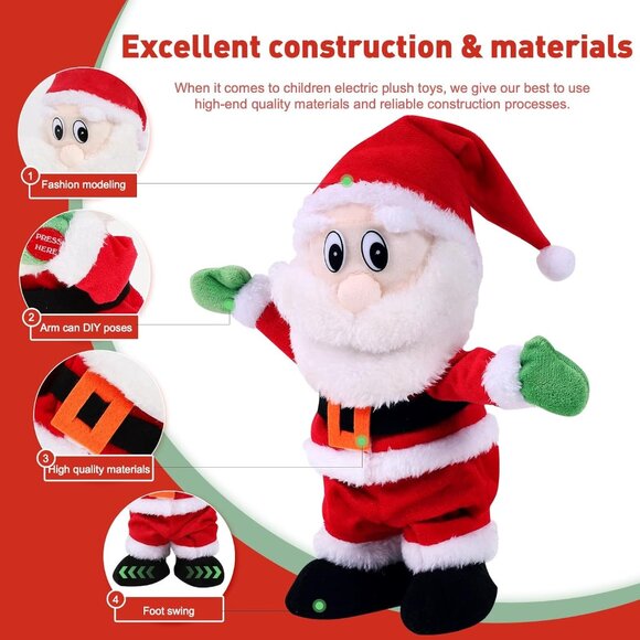 Gfilay 12 Inch Dancing Santa Toy Walking Singing Stuffed Christmas Doll Gift - Picture 3 of 7